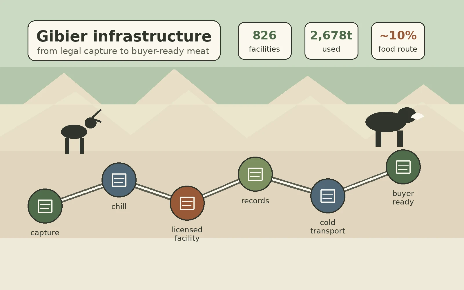 Editorial map-style illustration of Japan's gibier route from legal capture through chilling, licensed processing, records, cold transport, and buyer-ready meat.