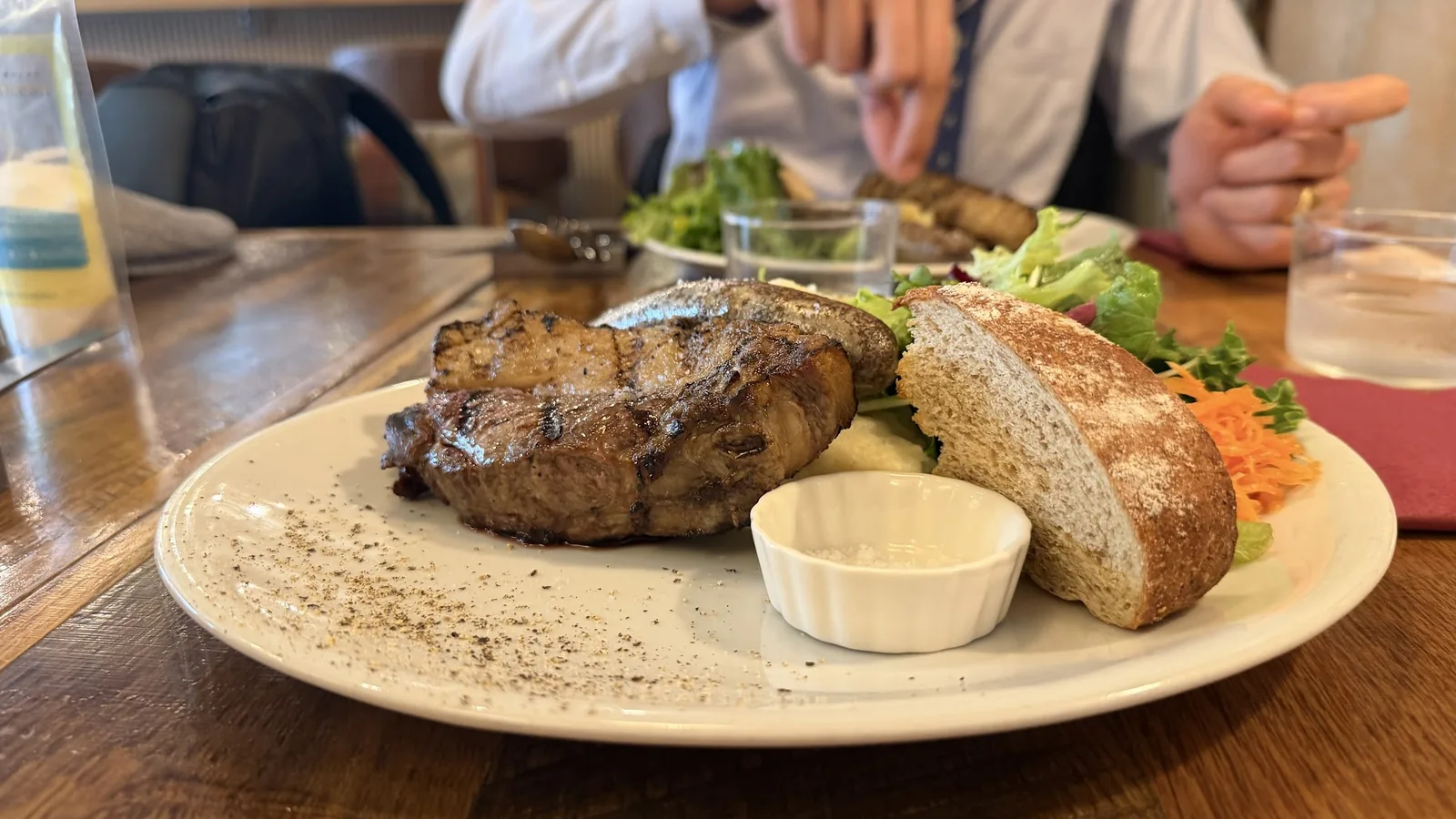 A plated wild food steak with salad and bread.