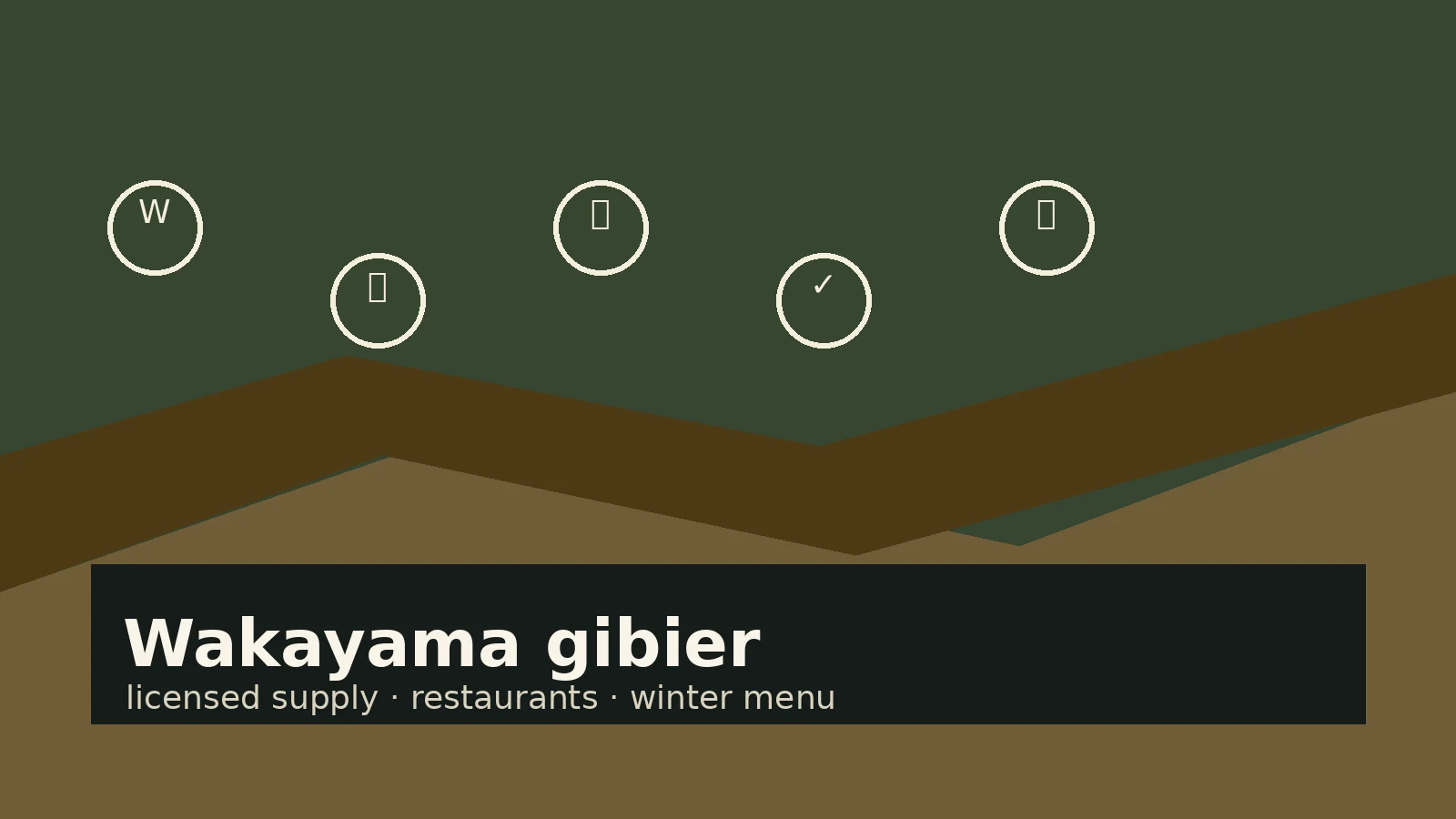 Editorial illustration for Wakayama gibier: mountain color blocks, deer and boar marks, cold-chain and restaurant-service cues.