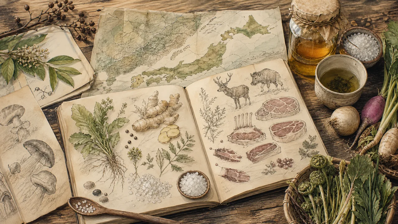 Hand-drawn field-manual illustration of rural Japanese sourcing notes, local produce, tea, honey, sea salt, and wild game
